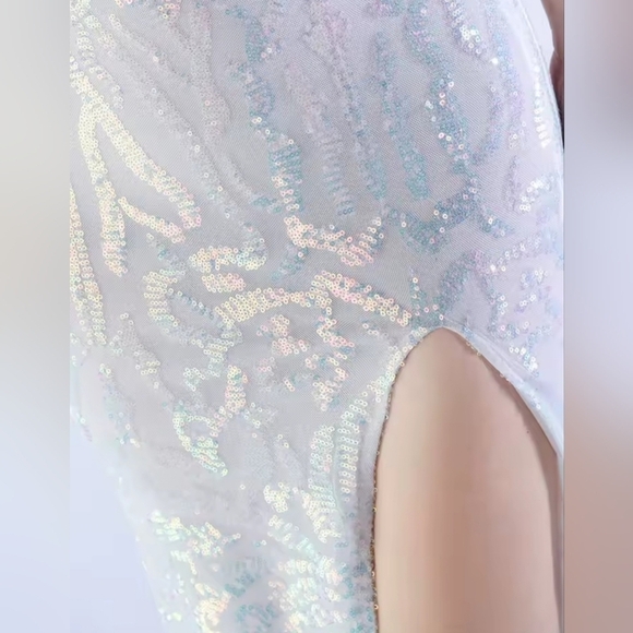 Opalescent,  Assymmetrical Neck,  Ostrich Feathers, Beaded, Geo ,Sequined Gown - Picture 2 of 15